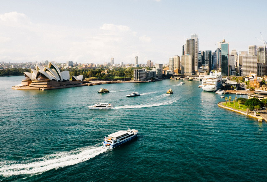 Aerial image of Sydney harbour with boat traffic